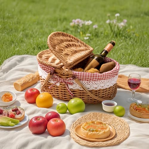 GRANNY SAYS Picnic Basket, Wicker Basket with Lid, Woven Cute Basket with Handle, Storage Basket with Washable Lining & Dual-Flid Lid, Natural Willow Picnic Hamper, Red Lining - color: Red
