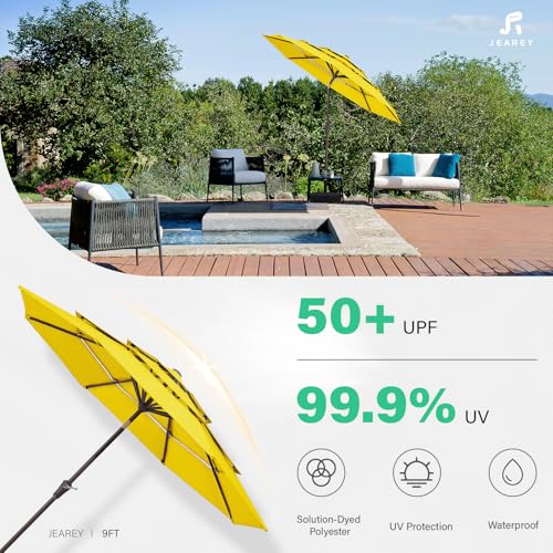 JEAREY 9FT 3 Tier Patio Umbrella Outdoor Market Umbrella Table Umbrellas with 8 Ribs 1.5 Pole Push Button Tilt and Crank UV Protection for Garden,Backyard,Yellow - color: Yellow