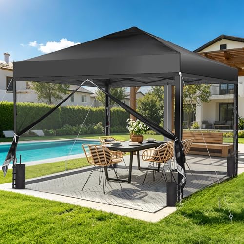 GDY 10x10 Pop up Canopy Tent with Mosquito Netting, Easy up Gazebo for Patio, Camping and Garden, Includes 4 Sandbags, Black - color: Black, size: 10x10 with Mosquito Netting
