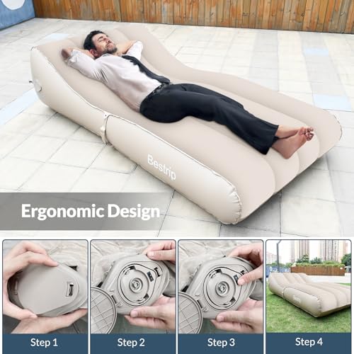 Bestrip Inflatable Couch with Built in Pump - Upgraded Extra Size Air Lounger Sofa, Portable Blow up Mattress Bed with Storage Bag, Inflatable Bed for Home, Camping & Guests - color: Khaki, size: Full