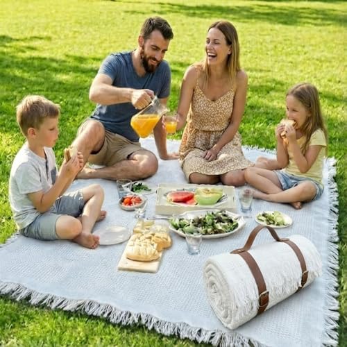 White Picnic Blanket, Extra Large Soft Cotton Gauze Picnic Rug 71"x71", Lightweight Breathable Blanket with Leather Handle, Machine Washable for Beach, Camping, Park, Couples (Cream) - color: Cream