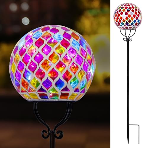 VCUTEKA Solar Outdoor Lights Garden Decor Mosaic Solar Garden Lights Waterproof Glass Ball LED Pathway Stake Light for Landscape Lawn Patio Yard Decoration 6 inch, Red - color: Red