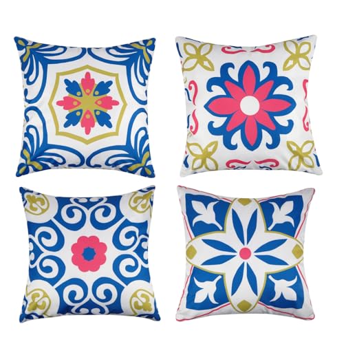 Pyonic Outdoor Pillows Waterproof Throw Pillow Covers Set of 4 Floral Printed and Boho Farmhouse Outdoor Pillow Covers for Patio Funiture Garden 18x18 Inch - color: Darkblue, size: 18" x 18" (Pack of 4)
