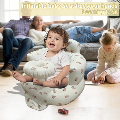 Inflatable Baby Seat for Babies 3-36 Months, Baby Chair with Fence & Built in Air Pump, Blow Up Floor Baby Seat with Back Support, Inflatable Baby Chair Sit Me Up for Home Bear-Tray - color: Brown Bear-Tray