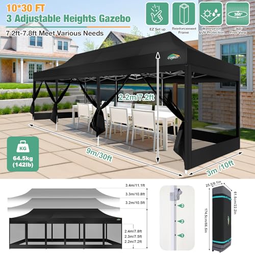 COBIZI 10x30 Canopy Tent, Heavy Duty Pop up Canopy with Sidewalls, Waterproof Easy Setup Canopy with Mosquito Netting, Outdoor Instant Screen Tents for Parties, Wedding with Roller Bag, Black - color: Black, size: 10x30ft