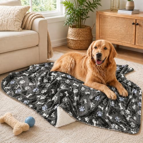Waterproof Dog Blanket, Pattern Printing Super Soft Warm Fluffy Facecloth Sofa Car Bed Protector, Urine Proof Washable Outdoor Pet Blanket for Puppy Large Dogs & Cats(paw & Bone40*30) - color: Grey | Bone, size: Medium