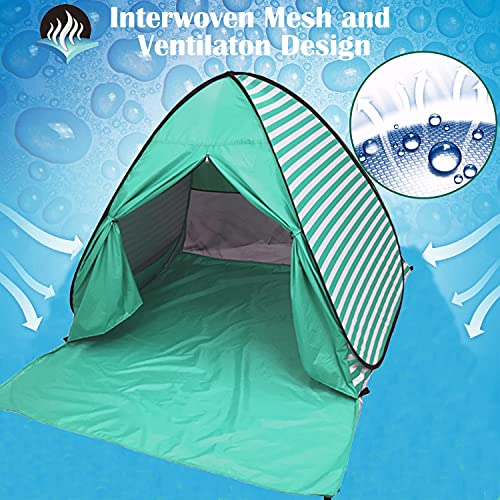 Pop Up Beach Tent Shade Sun Shelter UPF 50+ Canopy Cabana 2-3 Person for Adults Baby Kids Outdoor Activities Camping Fishing Hiking Picnic Touring (Lake Green Stripes) - color: Lake Green Stripes