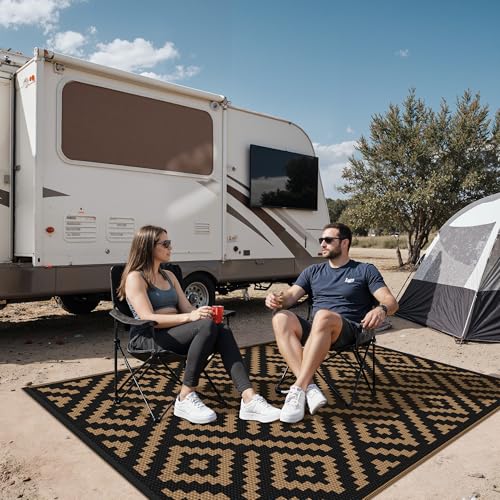 sarben Outdoor Rug for Patio - Waterproof Plastic Straw Camping Rugs 4x6 ft, Reversible Outdoor Indoor RV Mat Carpet for Patio, Porch, Deck, Balcony, Picnic, Beach, Black Brown - color: Black&brown, size: 4' x 6' (Rectangular)