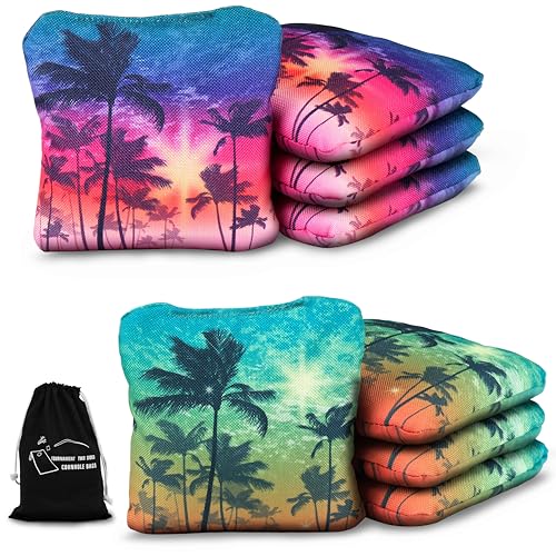 Professional Cornhole Bags Set of 8 - Dual Sided Stick & Slide (Suede/Woven) - Premium Resin Filled Regulation Weight & Size (6x6, 16oz) - Double Stitched Reinforced Seams with Carry Tote - color: Tropical Sunset