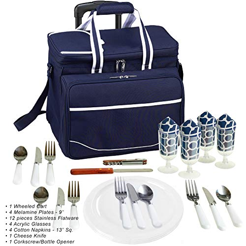Picnic at Ascot Original Insulated Picnic Cooler with Service for 4 on Wheels-Designed & Assembled in the USA - color: Trellis Blue