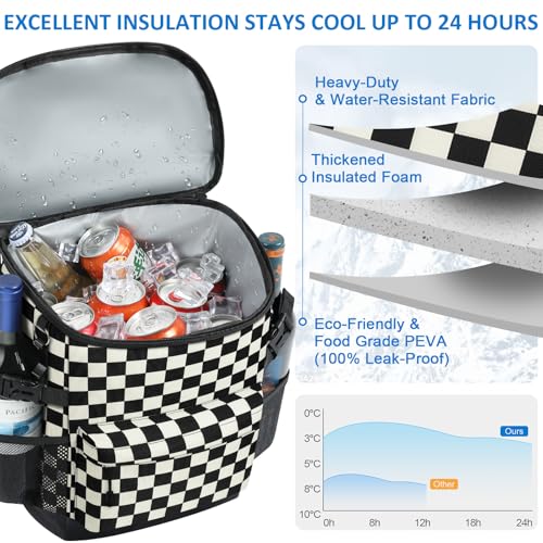 Tenot Cooler Backpack 33/40 Cans Backpack Coolers Insulated Leak Proof Soft Beach Cooler Bag for Men Women Ice Chest Backpack Camping Hiking Picnic Travel Cooler Lunch Backpack - color: Black Checkered, size: 33 Cans
