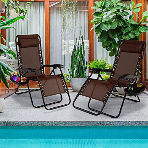 Goplus Zero Gravity Lounge Chairs, 160°Adjustable Folding Recliner w/Pillow and Cup Holder, 350LBS Comfy Outdoor Lounge Chairs for Patio, Lawn, Yard & Camp(Set of 2, Brown) - color: Brown, size: 35.4" x 25.2" x 43.3" (Set of 2)