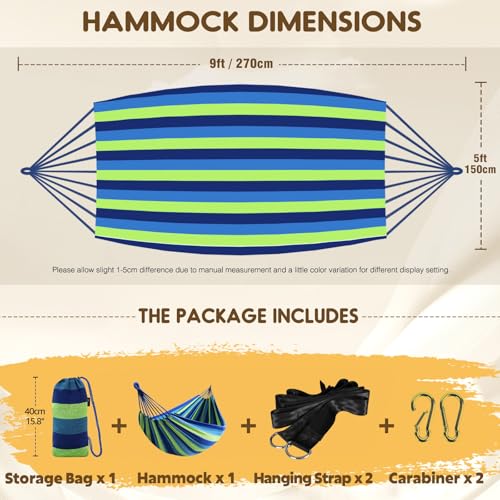 ANYOO Cotton Hammock Portable Camping Hammocks for Hanging Sturdy Garden Comfortable Fabric Hammock with Tree Straps Up to 660lbs with Travel Bag for Camping Outdoor/Indoor Patio Backyard - color: Green