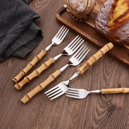 Dinner Fork Set, 8-Piece Natural Bamboo Forks, 18/8 Stainless Steel with Bamboo Handle, Silver Mirror Finish, Unique Design, 8.27 Inch - color: 8-Piece Dinner Fork