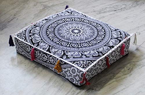 ICC Large Square Cotton Mandala Cushion Cover Hippie Ottoman Pouf Cover Daybed Floor Pillow Cover with Heavy Duty Zipper Seating Ottoman Poufs Dog-Pets Bed (Black & White Flower, 18" Square) - color: Black & White Flower, size: 18" x 18" (Pack of 1)
