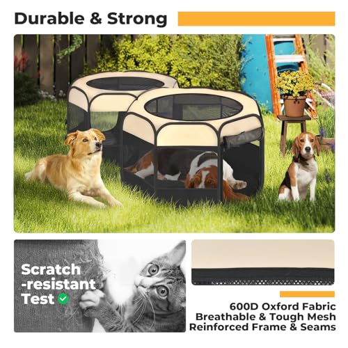 2-in-1 Pop Up Cat Playpen, Detachable into 2 Separate Pens, Assembly-Free Portable Puppy House Collapsible Dog Crates Pet Pen Tent Kennel Kitten Enclosure Cage Indoor Outdoor Foldable(S) - color: Beige, size: S, 55.2"L x 27.6"W x 17"H