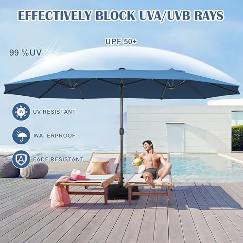Sundale Outdoor 15ft Large Patio Umbrella with Base Included and Umbrella Cover, Outdoor Double-Sided Umbrella - color: Navy