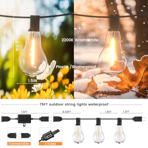 Patio Lights, 100FT Patio Lights with 64+5 Bulbs(1.5FT Bulbs Spacing), Outdoor String Lights, Remote & Dimmer, 3 Mode Light & Timing, 65PC Mounting Ties for Outside, 2200K (Black) - color: Black, size: Remote Control Model -100ft-64t