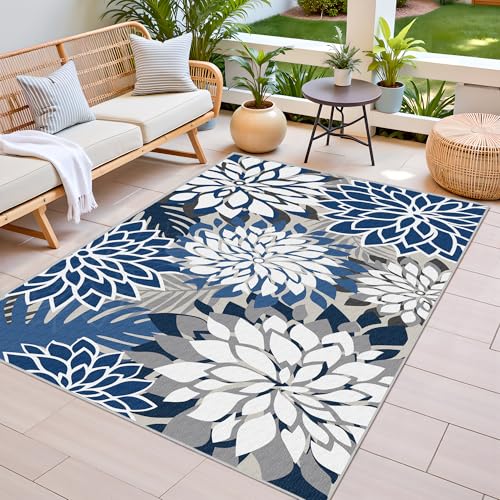 3x5 Washable Rug for Living Room Tropical Botanical Modern Floral Chenille Area Rugs Low Pile Non Slip Carpet for Patio, Bedroom, Laundry, Blue - color: Blue White, size: 3' x 5' (Rectangular)