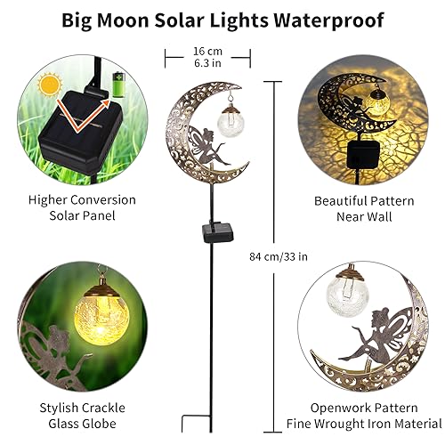 Solar Garden Lights Outdoor Decor,Moon Fairy Crackle Glass Lights,Waterproof Warm White LED Metal Stake Ornament,for Walkway Backyard Patio Lawn Pathway Decorations-Unique Gift Ideas for Gardening - color: Bronze Moon Fairy