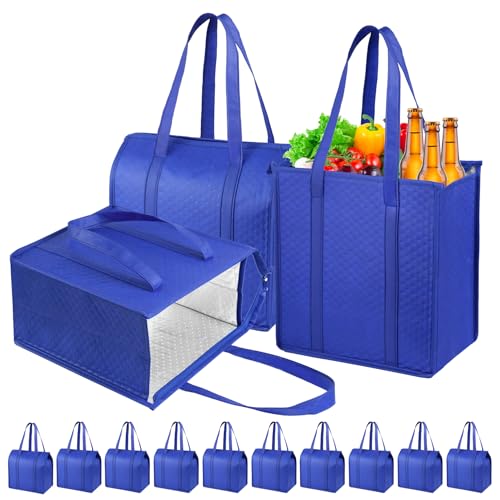 Insulated Grocery Bags with Zippered top Frozen Food Shopping Groceries Travel Insulated Tote Cooler Thermal Bags - color: Blue