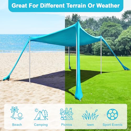 Beach Tent - 10 x 10 FT Beach Canopy, Outdoor Shade Canopy for Camping, Portable Beach Tent Sun Shelter UPF50 with 4 Sandbags, Anti-Wind Ropes, Ground Pegs and Stability Poles, Light Blue - style: 10*10 FT 4 Pole-Light Blue