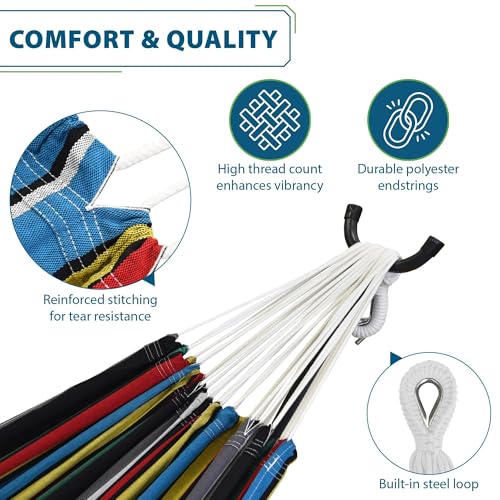 Vivere Double Cotton Hammock with Space Saving Steel Stand, Upgraded Polyester End Strings 450 lb Capacity - Premium Carry Bag Included - USA Grown Cotton (Rio Night) - color: Rio Night