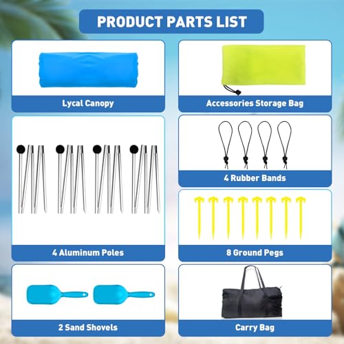 Beach Tent Sun Shelter 10x10ft Beach Canopy Easy Pop Up Sun Shade Portable UPF50+ with 8 Sandbags-2 Sand Shovel-4 Aluminum Poles-Ground Pegs for Outdoor Family Camping Fishing Backyard Picnic - color: Ocean Sailing, size: 10x10 FT 4 Pole