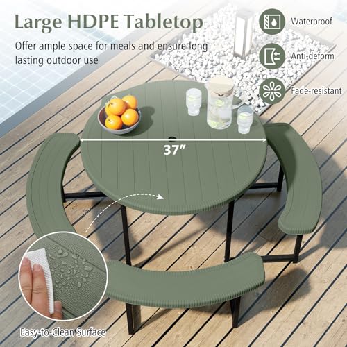 Byroce 8-Person Picnic Table for Outdoors, HDPE Picnic Table Set with 4 Benches, Umbrella Hole & Metal Frame, Heavy Duty Round Dining Table Chairs for BBQ Party in Patio, Yard & Poolside (Green) - color: Green
