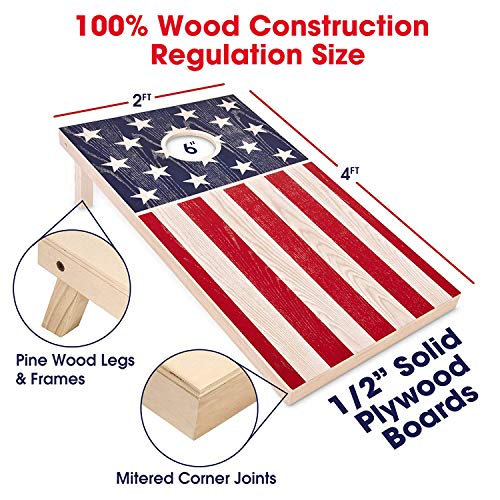 GoSports 4 x 2 ft Flag Series Wood Cornhole Sets – American Flag or State Flags – Includes 2 Regulation Size Boards, 8 Bean Bags, Carrying Case and Rules - style: American Flag
