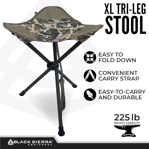 Black Sierra Folding Hunting Stool w/Shoulder Strap Supports 225 lbs, Lightweight Collapsible Tripod Seat, Foldable Steel Frame Chair Perfect for the Hunting Blind, Fishing, Hiking, Travel - color: Axs Ranger Camo