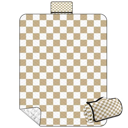 Waterproof Picnic Outdoor Blanket, 79" x 59" Sandproof Foldable Large Picnic Blanket for Beach, Camping, Park, Travel, Concert, Great Gift for Families and Couples (Beige Checkered) - color: Beige Checked