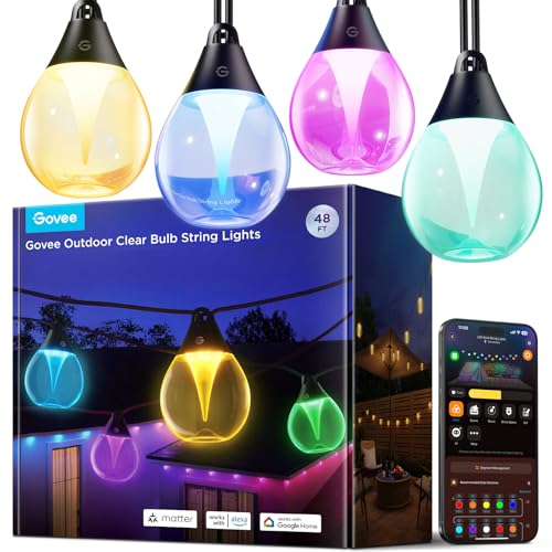 Govee Clear Bulb Outdoor String Lights, 48ft RGBWIC Dimmable Patio & Backyard Lights with 15 LED Bulbs, 111 Modes, IP67 Waterproof & Shatterproof, Works with Alexa, Google & Matter - size: 48ft