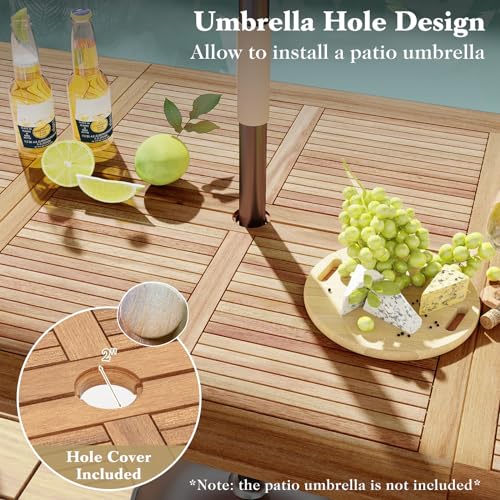 Tangkula 86.5" Large Patio Dining Table for 8, Acacia Wood 8-Person Dining Table with 2" Umbrella Hole & Metal Legs & Adjustable Foot Pads, Rectangular Outside Table for Garden, Poolside & Backyard - size: 86.5"
