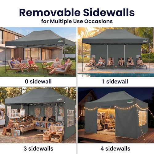 COBIZI 10x15 Pop up Canopy Tent 10x15 Canopy with 4 Sidewalls Waterproof Heavy Duty Commercial Canopy for Parties Outdoor Garden Gazebo Tent, Carry Bag(10x15ft, Gray) - color: Gray, size: 10X15FT 4 Sidewalls