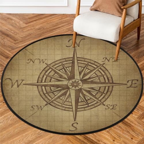 Compass Rose Retro Round Area Rug, Vintage Pattern Non-Slip Circle Rug for Bedroom Living Room Outdoor Study Playing Floor Mat Carpet, 3' Diameter - color: Compass Rose Retro, size: 3' Diameter
