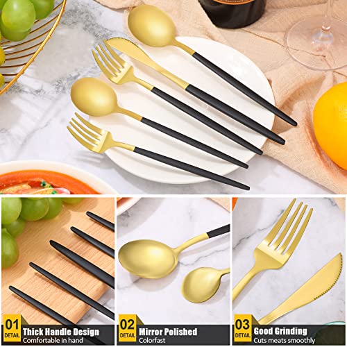 60 Pieces Stainless Steel Tableware Set Silverware Set Flatware Cutlery Utensils Spoon Fork Knives Service for 12 for Home Restaurant Apartment and Kitchens(Black Gold) - color: Black/Gold