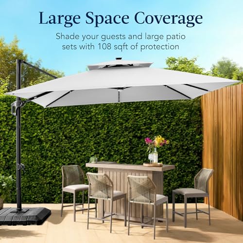 Best Choice Products 9x12ft LED Cantilever Patio Umbrella w/Base Included & 360° Rotation, Large Solar Offset Hanging Outdoor Sun Shade for Deck, Backyard Table w/Stand & Lights – Fog Gray - color: Fog Gray, size: 9x12ft