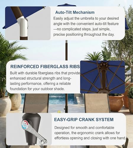 PatioKingdom Auto-Tilt 9FT Patio Umbrella Outdoor with 8 Sturdy Fiberglass Ribs,Market Table Umbrella for Pool,Backyard,Deck and Garden - color: Navy, size: 9FT