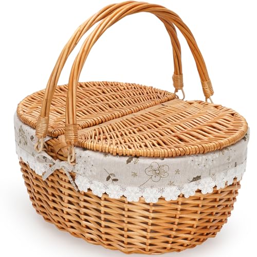 15" Wicker Picnic Baskets with Removable Liner, Empty Picnic Basket with Lid, Picnic Hamper with Folding Woven Handles for Picnic, Camping, Outdoor, Halloween, Thanks Giving - WhiteKapok - color: White Kapok