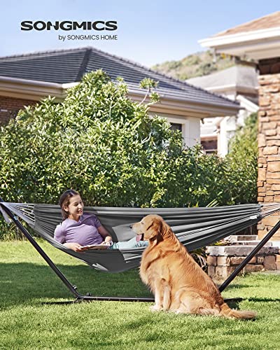 SONGMICS Double Hammock, 98.4 x 59.1 Inches, 660 lb Load Capacity, with Compression Bag, Mounting Straps, Carabiners, for Terrace, Balcony, Garden, Outdoor, Camping, Gray UGDC15GY - color: Grey