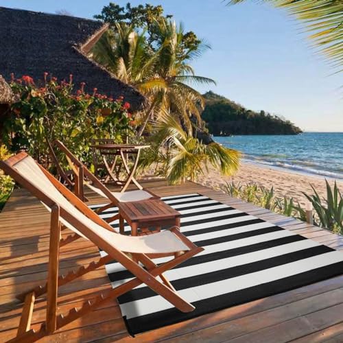 Outdoor Rug 6 x 9 ft, Reversible Plastic Straw Rug for Patio, Waterproof Large Outdoor Carpet for RV, Patio, Camping, Backyard, Deck, Picnic, Beach, Black & White - color: Black/White, size: 6'x9'