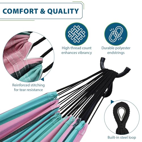Vivere Double Cotton Hammock with Space Saving Steel Stand, Upgraded Polyester End Strings 450 lb Capacity - Premium Carry Bag Included - USA Grown Cotton (Watermelon) - color: Watermelon
