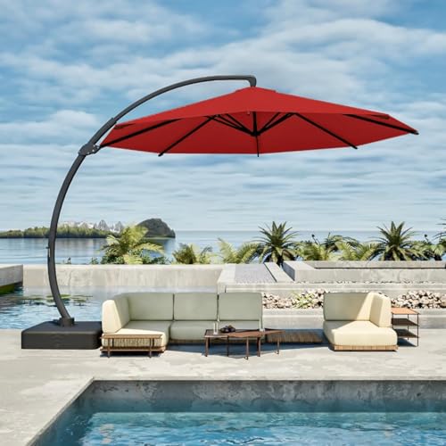 11FT Cantilever Umbrella with Base Large Curvy Outdoor Aluminum Offset Umbrella w/ 360° Rotation, UV Resistant Canopy for Patio, Garden, Backyard, Red - color: Red, size: 11FT