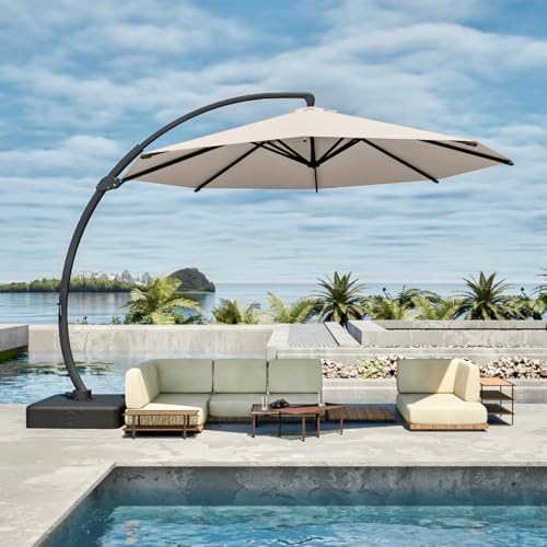 11FT Cantilever Umbrella with Base Large Curvy Outdoor Aluminum Offset Umbrella w/ 360° Rotation, UV Resistant Canopy for Patio, Garden, Backyard, Beige - color: Beige, size: 11FT