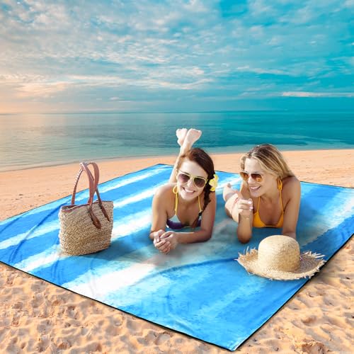 WIWIGO Beach Blanket Waterproof Sandproof Beach Mat 79" X 83"/10'x9'for 2-8 Adults Quick Drying Outdoor Picnic Mat Beach Accessories for Travel, Camping, Hiking - color: Blue and White Stripes, size: 79" X 83"（1-4person）