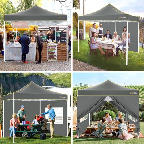 HOTEEL Pop Up Canopy Tent 10x10 with Sidewalls, Commercial Instant Waterproof Canopy for Vender Patio, UV 50+ with Silver Coated, Upgraded Thickened Hexagonal Legs, Gray - color: Gray, size: 10x10FT (+4 Walls)