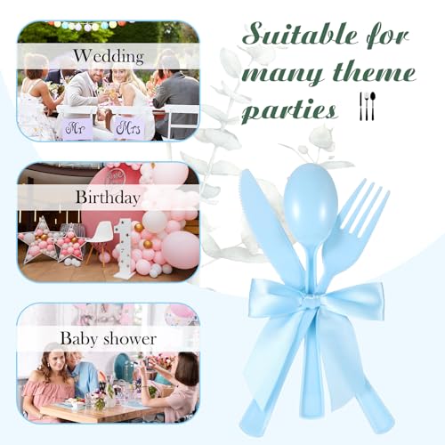 Minatee 25 Sets Light Blue Plastic Cutlery Set with Twist Tie Bows, Heavy Duty Tableware Disposable Forks Knives Spoons Silverware Utensils Set for Coquette Birthday Bow Party Table Setting Picnics - color: Light Blue
