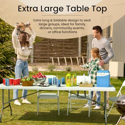 Our Modern Space 8 Feet Foldable Table with Built in Handle & Steel Legs | Heavy Duty Portable | Perfect for Party, Dining, Wedding, Events, Picnic Indoor, Outdoor, Camping, Utility, Temporary - color: White, size: 8 FT