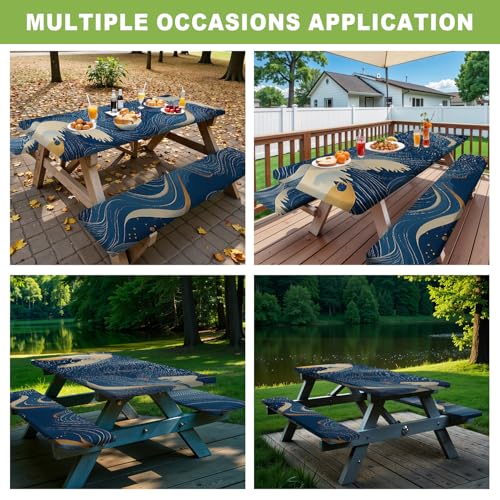 ANNA QUEEN Modern Abstract Art 6FT Picnic Table Cover with Bench Covers Set of 3 with Drawstring Bag, Blue Gold Lines 72"x30" Waterproof Picnic Tablecloth & Bench Covers for Patio Garden - color: #54
